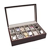 Case Elegance Solid Espresso Wood Watch Organizer with Glass Display Top