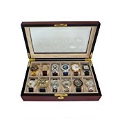 Elegant 12 Piece Cherry Wood Rosewood Watch Box Case, Glass Top