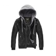 Wantdo Men's PU Leather Jacket with Removable Hood