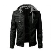 Idarbi Men's PU Leather Motorcycle Bomber Jacket with Detachable Hood