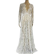 Floral Lace See-Through Deep V-neck Long-Sleeved Bridesmaid Dress