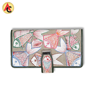 Handpainted wallet combines jute, leather