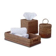 Bathroom accessory set pairs rattan, wood