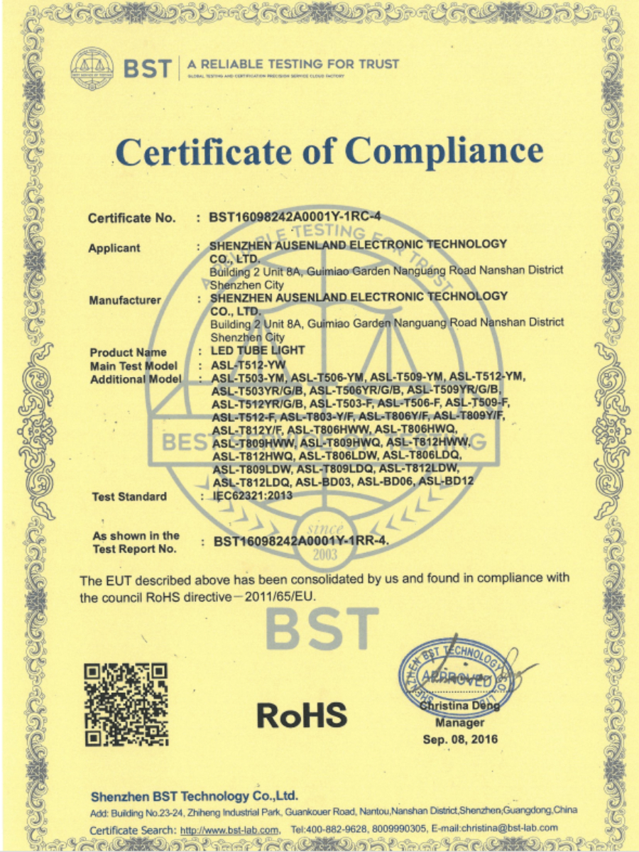 Shenzhen ASL Electronic Technology Co., Ltd.certification