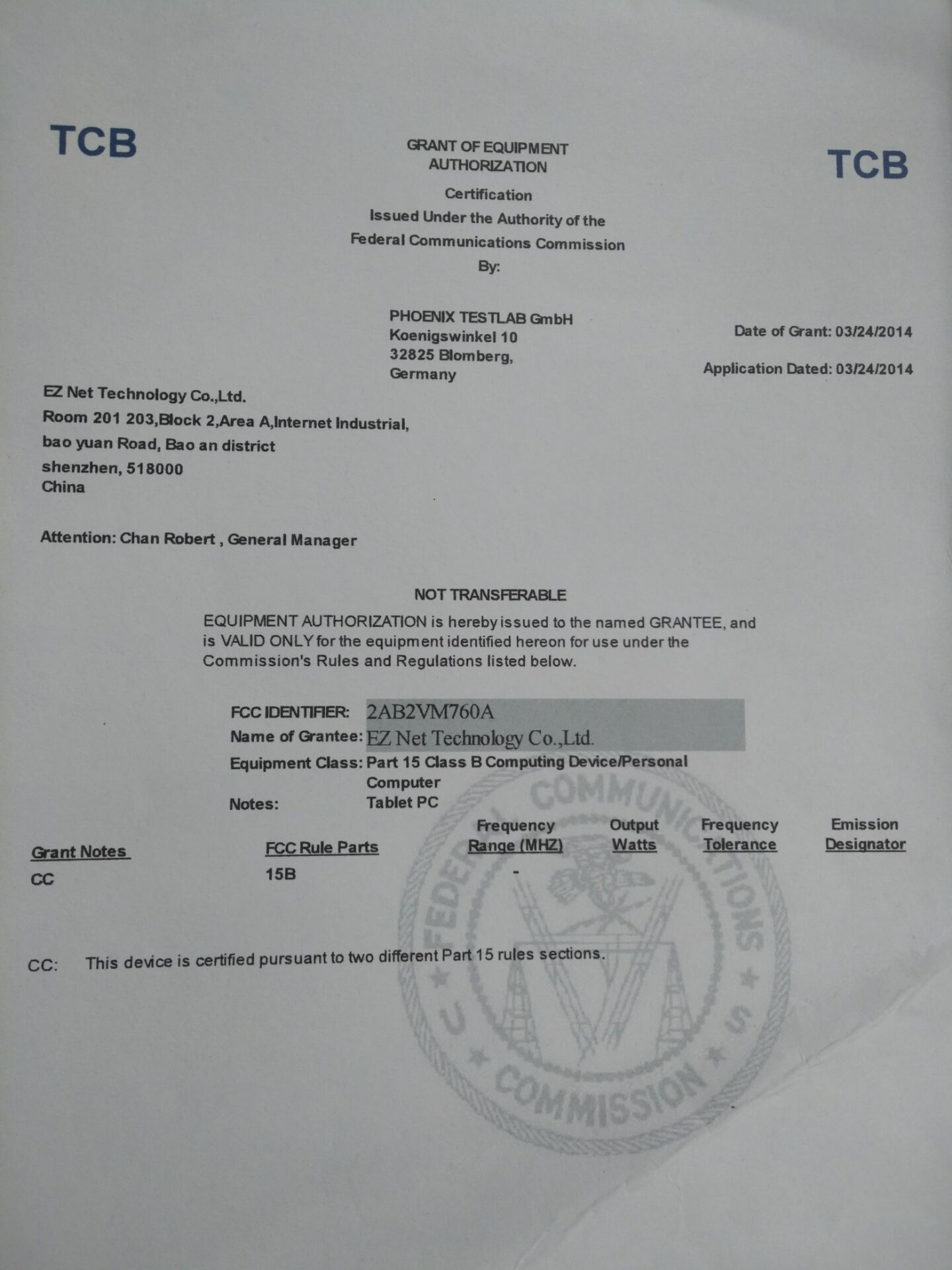 EZ Net Technology Company Limited(Tablet PC)certification