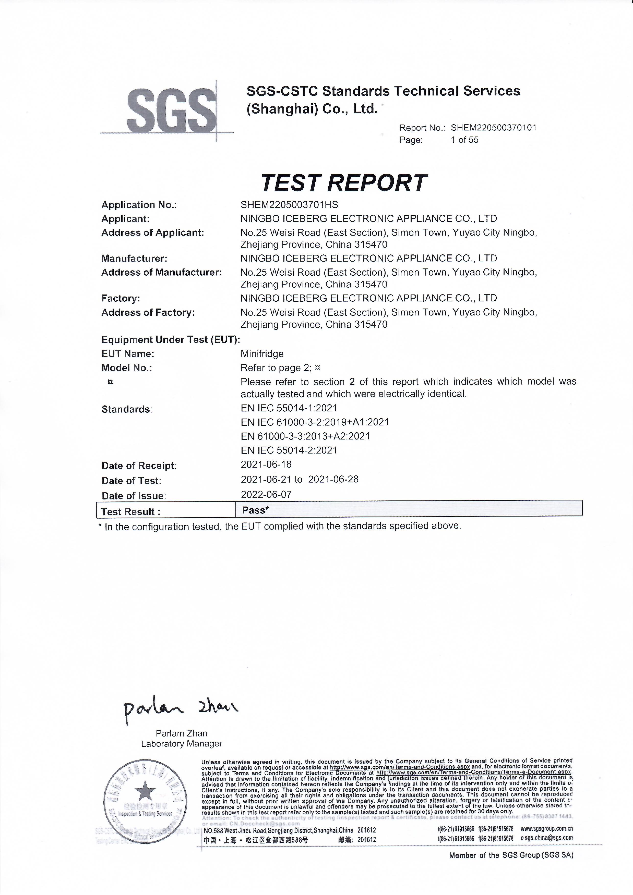 Ningbo Iceberg Electronic Appliance Co., Ltdcertification