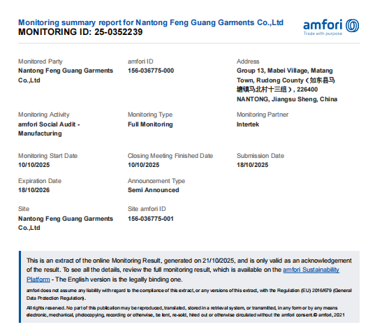 Nantong Feng Guang Fashion Co. Ltdcertification