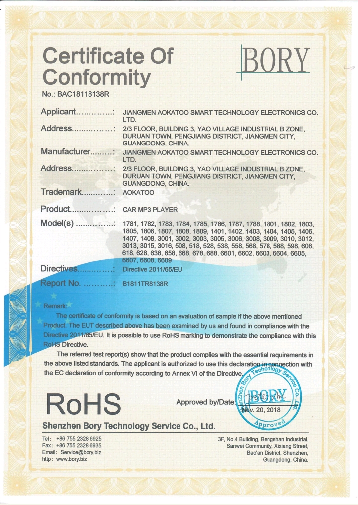 Jiangmen Aokatoo Smart Technology Electronics Co., Ltd.certification