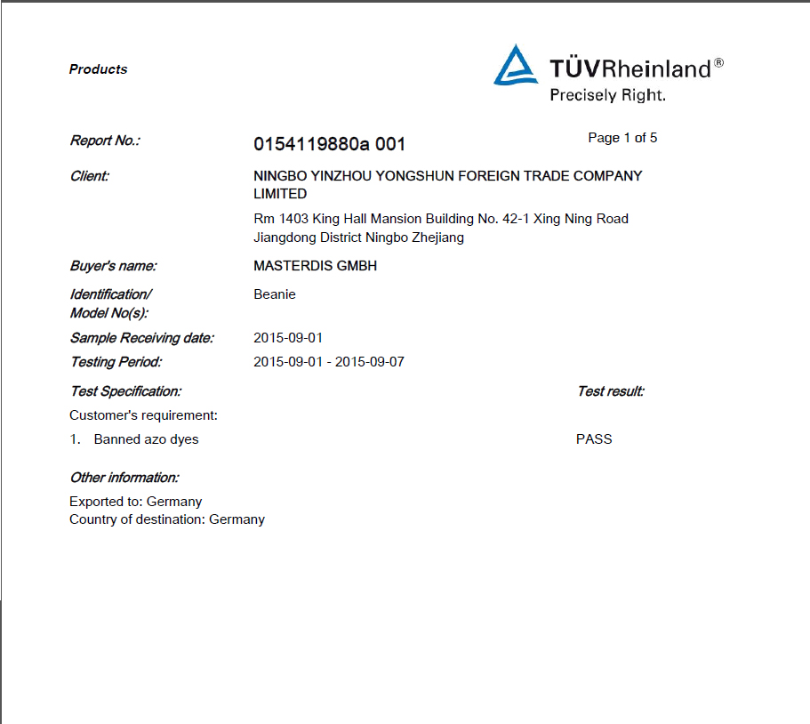 NINGBO YINZHOU YONGSHUN FOREIGN TRADE COMPANY LIMITEDcertification