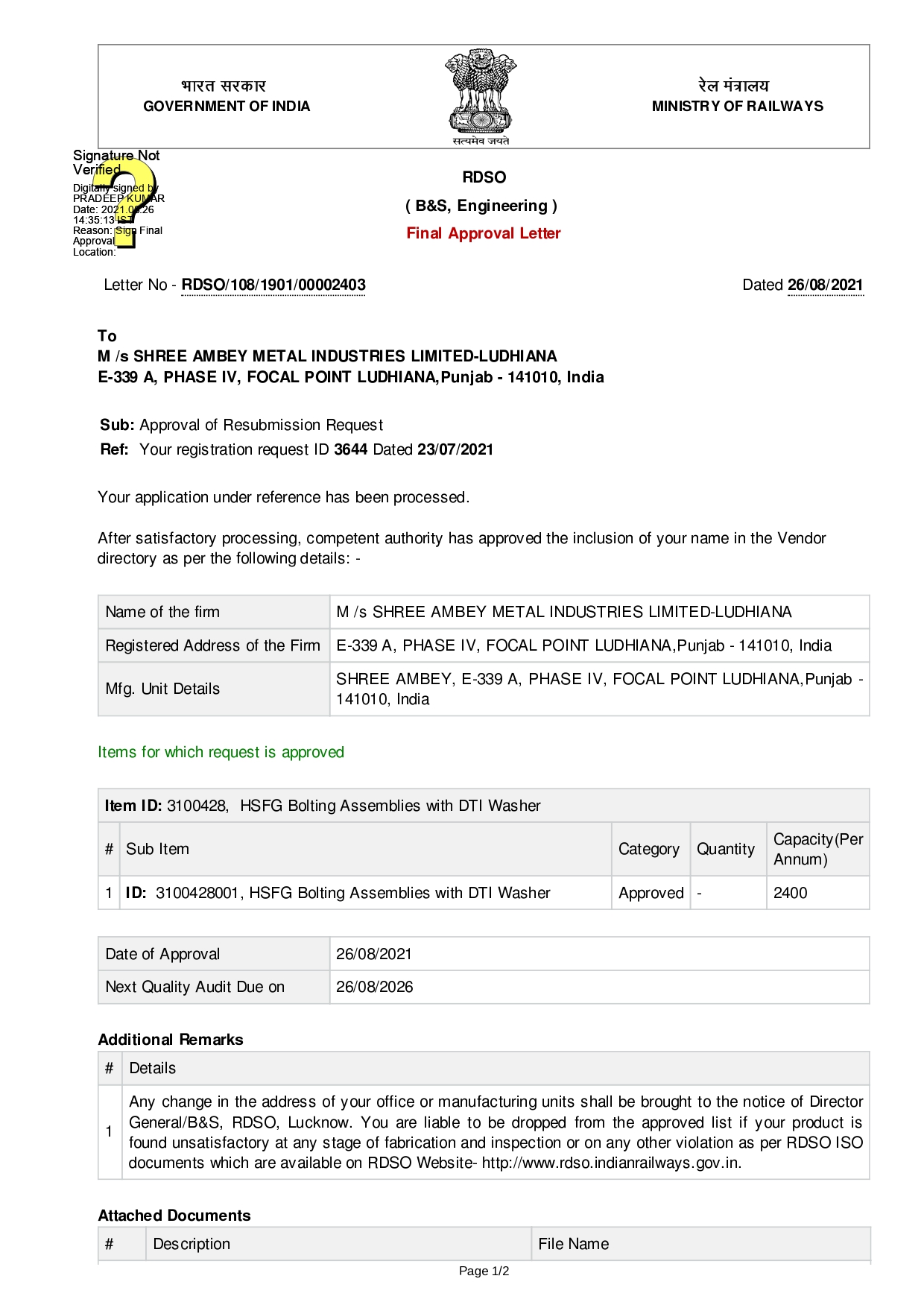 Shree Ambey Metal Industries Ltd.certification