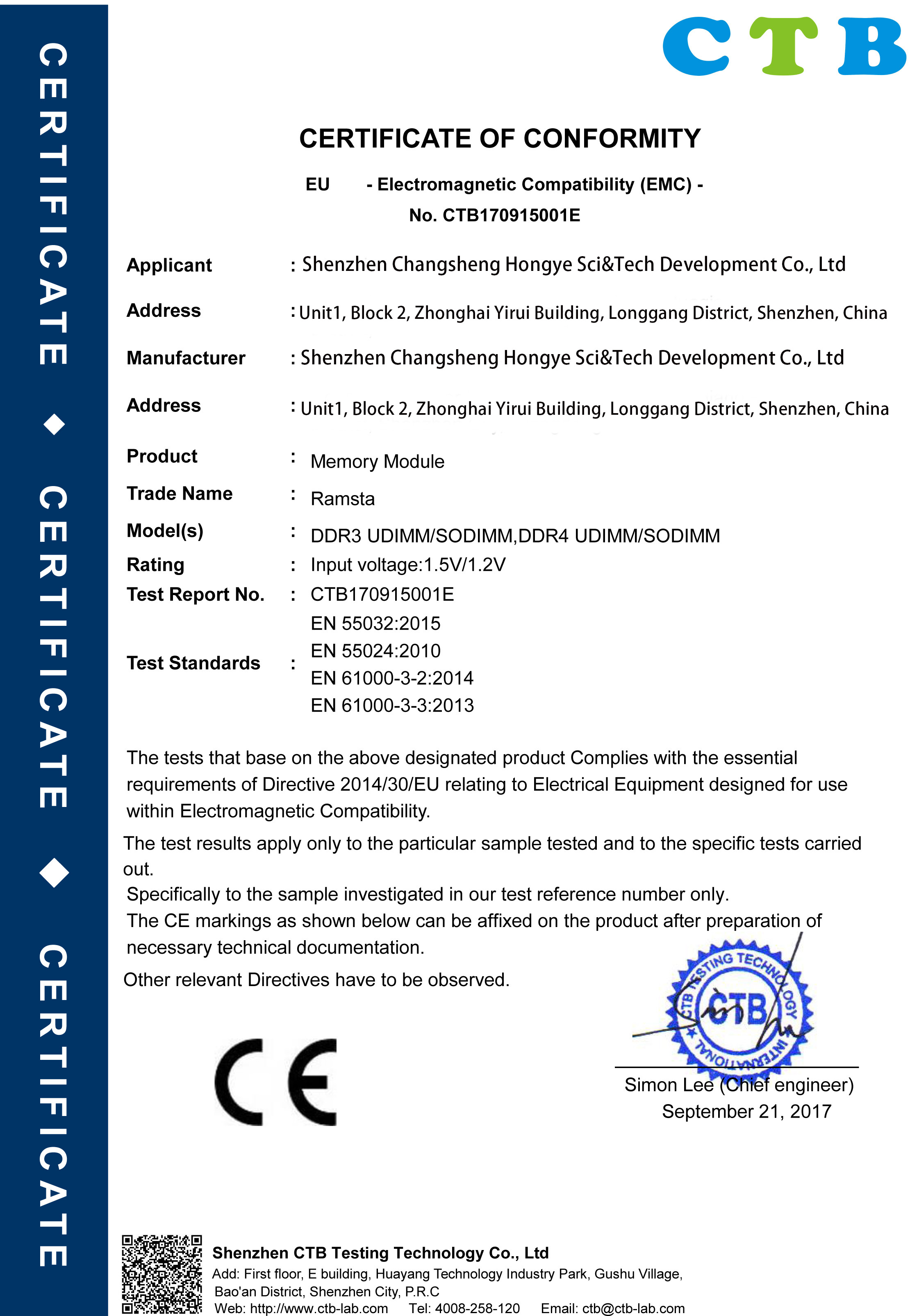 Shenzhen Changsheng Hongye Sci&Tech Development Co., Ltdcertification