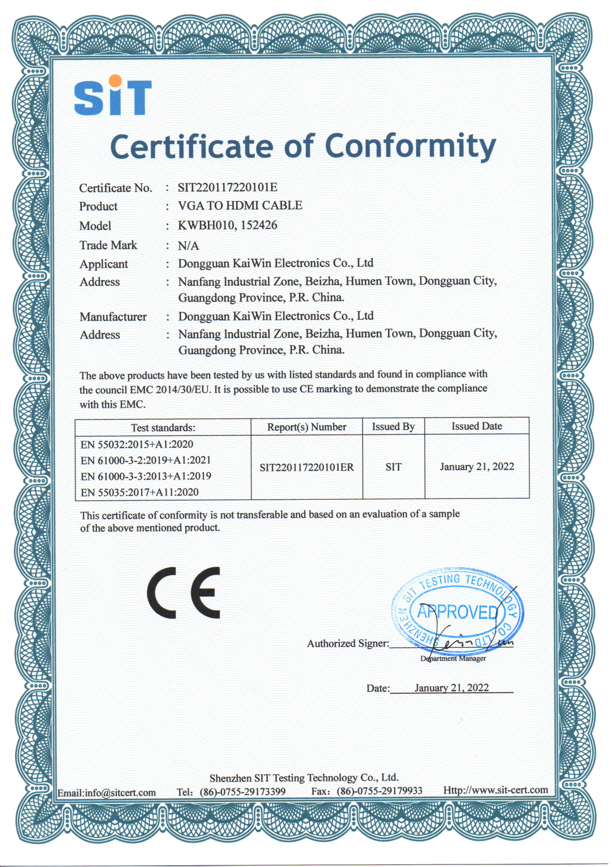 Dongguan Kaiwin Electronics Co. Ltdcertification