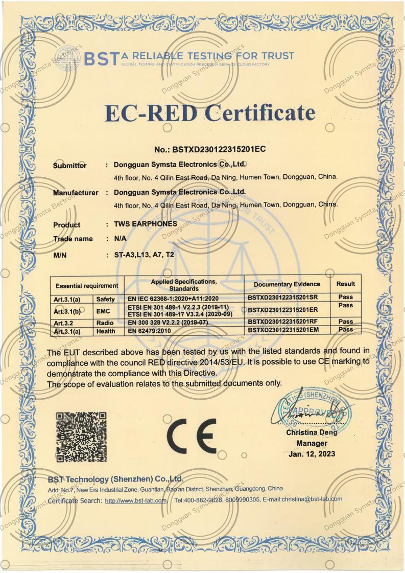 Dongguan Symsta Electronics Co.,Ltd.certification