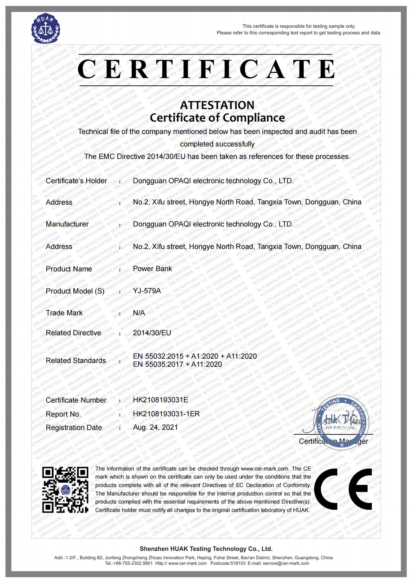 Dongguan OPAQI Electronics Technology Co.,Ltdcertification