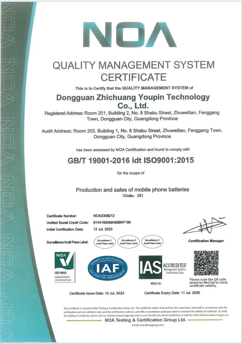 Dongguan Zhichuang YOUPIN Technology Co., Ltd.certification