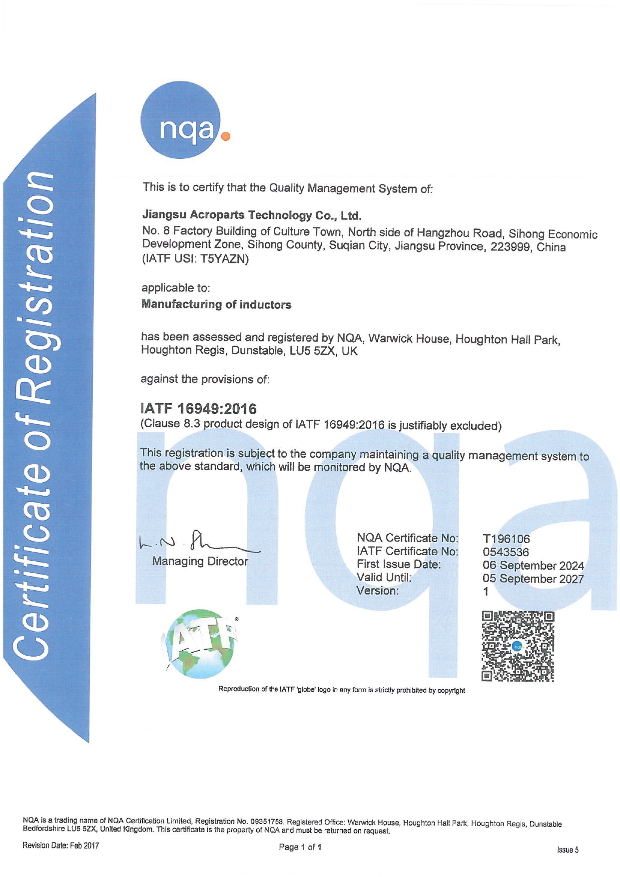 ACROPARTS TECHNOLOGY CO.,LTD.certification