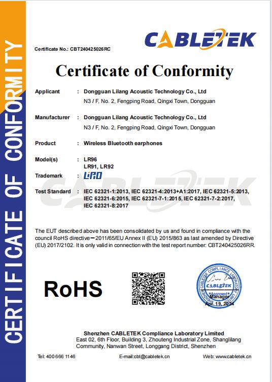 Dongguan LiLang Acoustic Technology Co., Ltdcertification