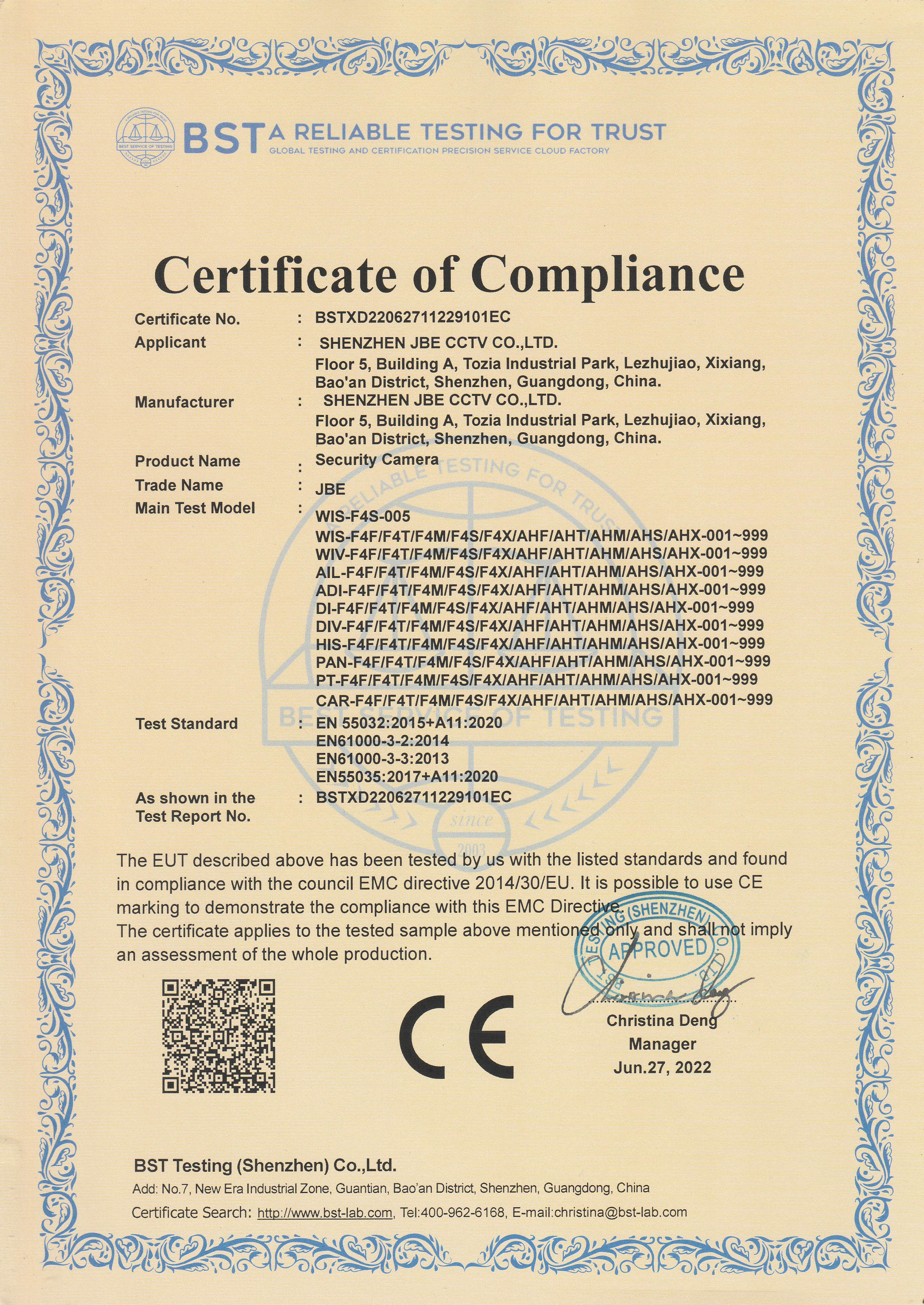 Shenzhen JBE CCTV Co. Ltdcertification