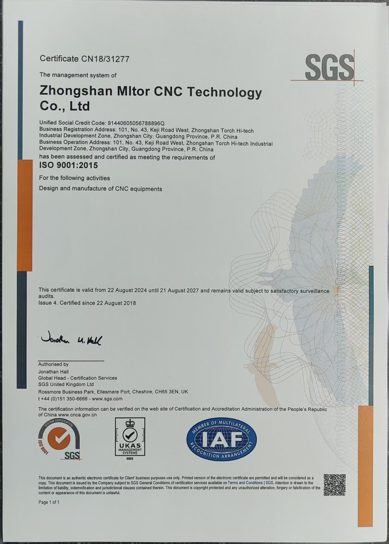 Zhongshan Mltor CNC Technology Co., Ltdcertification