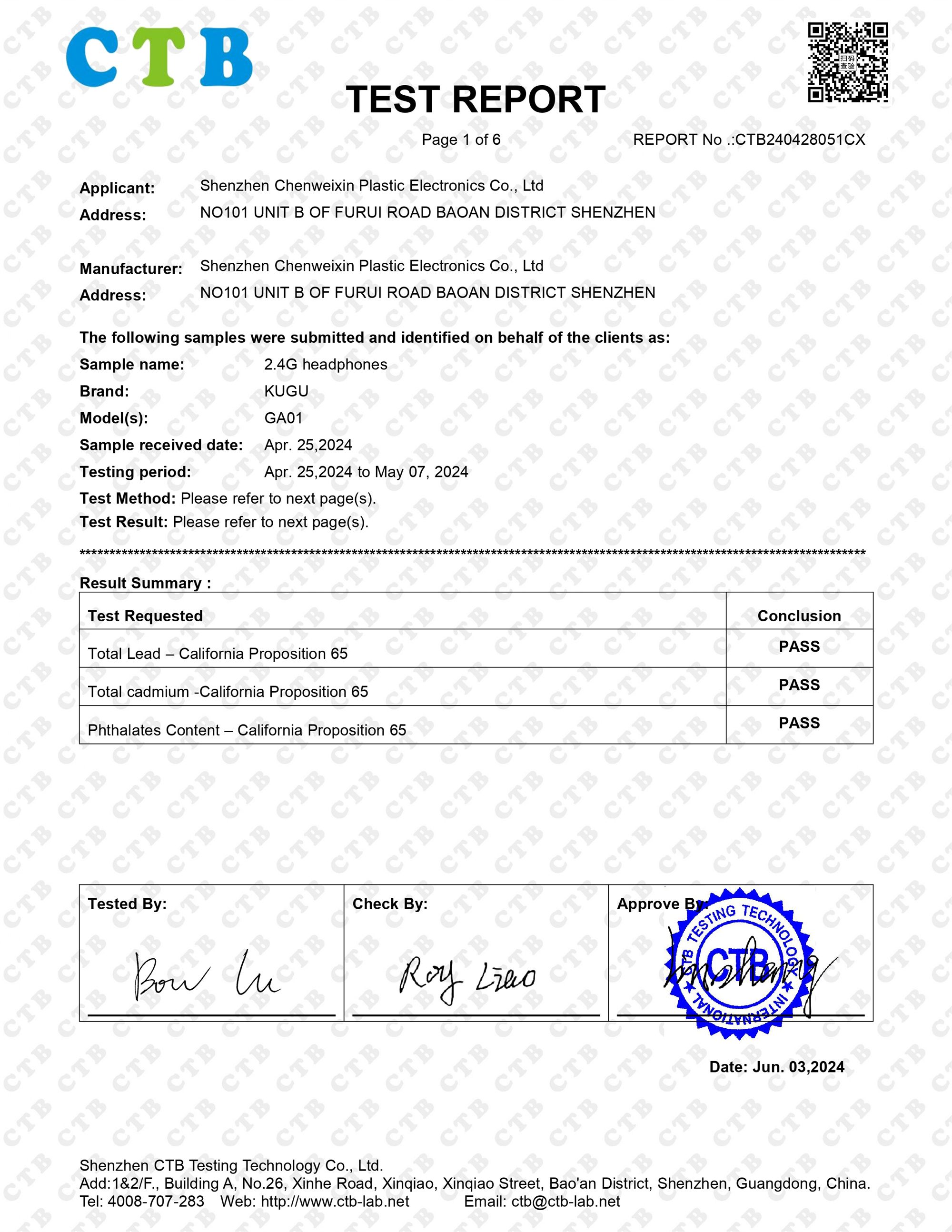 Shenzhen Chenweixin Plastic Electronics Co., Ltd.certification