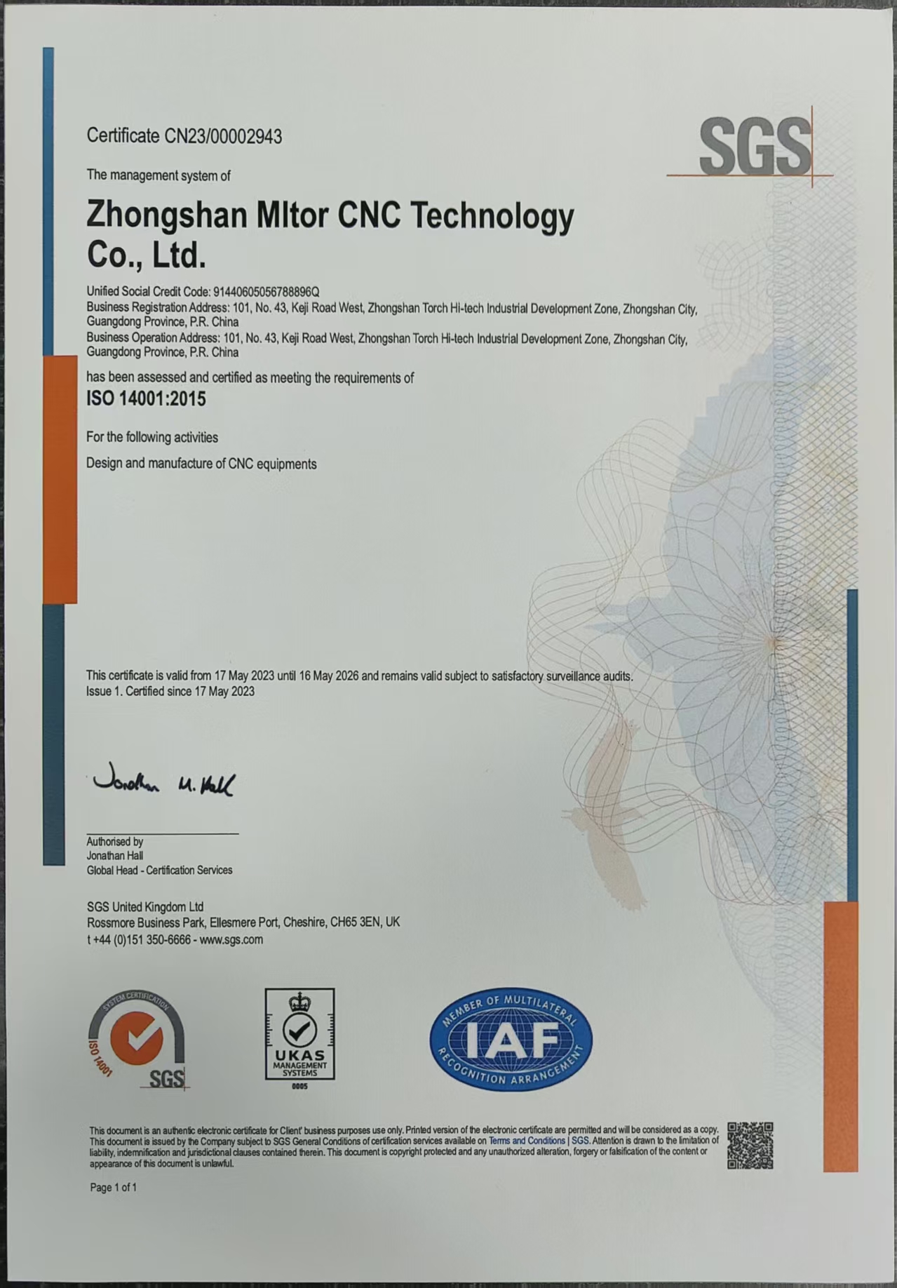 Zhongshan Mltor CNC Technology Co., Ltdcertification