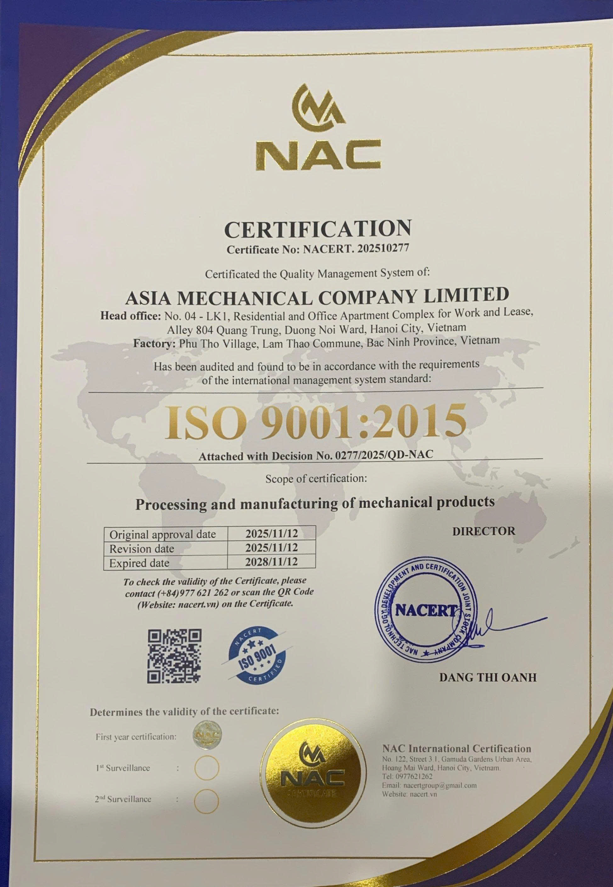 ASIA MECHANICAL COMPANY LIMITEDcertification