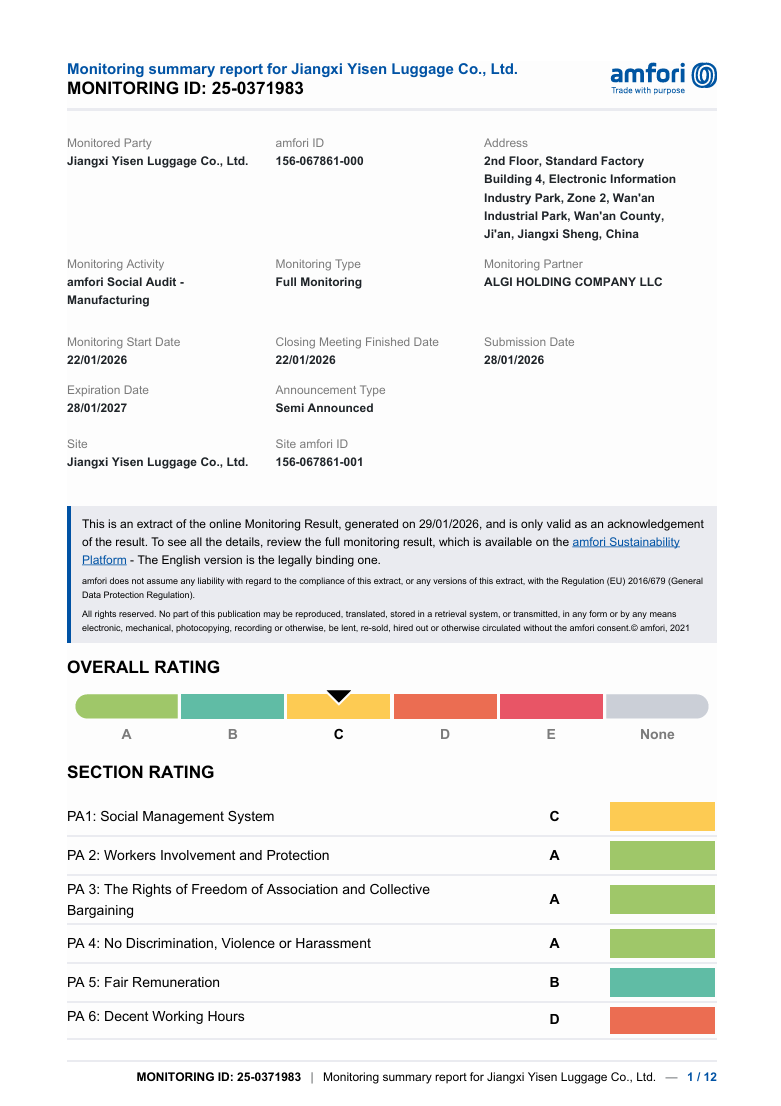 Jiangxi Yisen Luggage Co., Ltd.certification