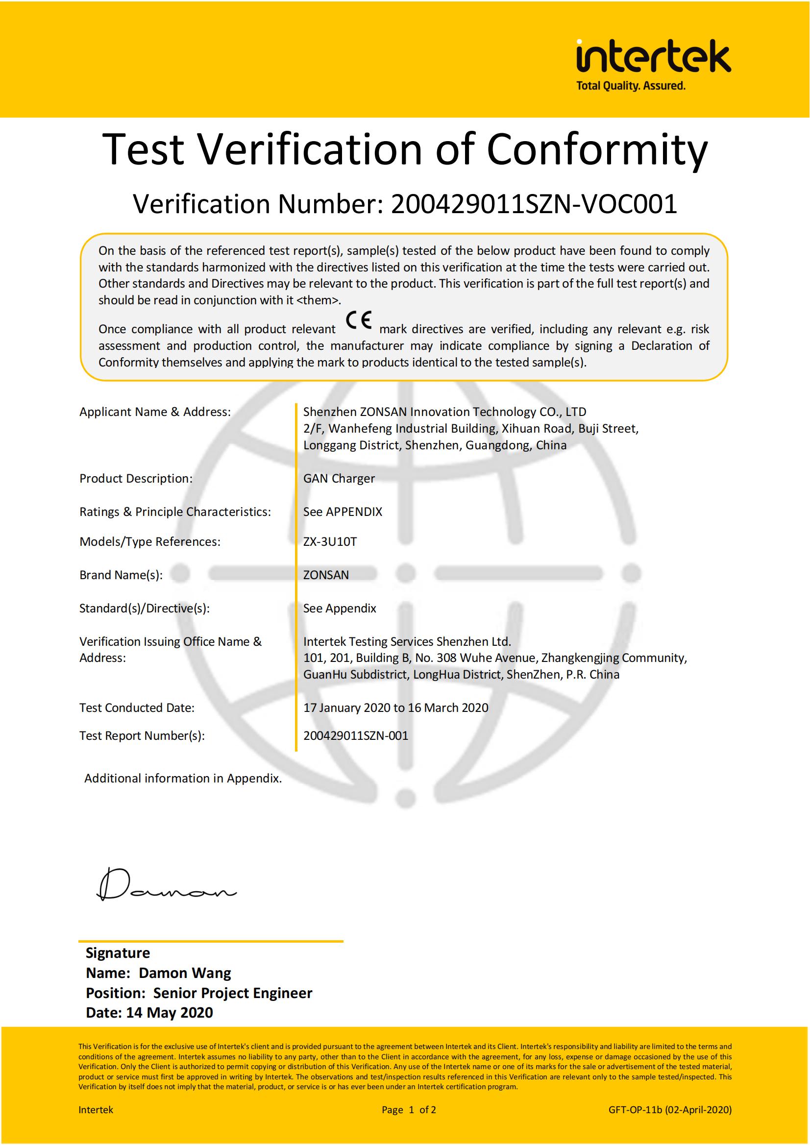 Shenzhen ZONSAN Innovation Technology Co., Ltdcertification