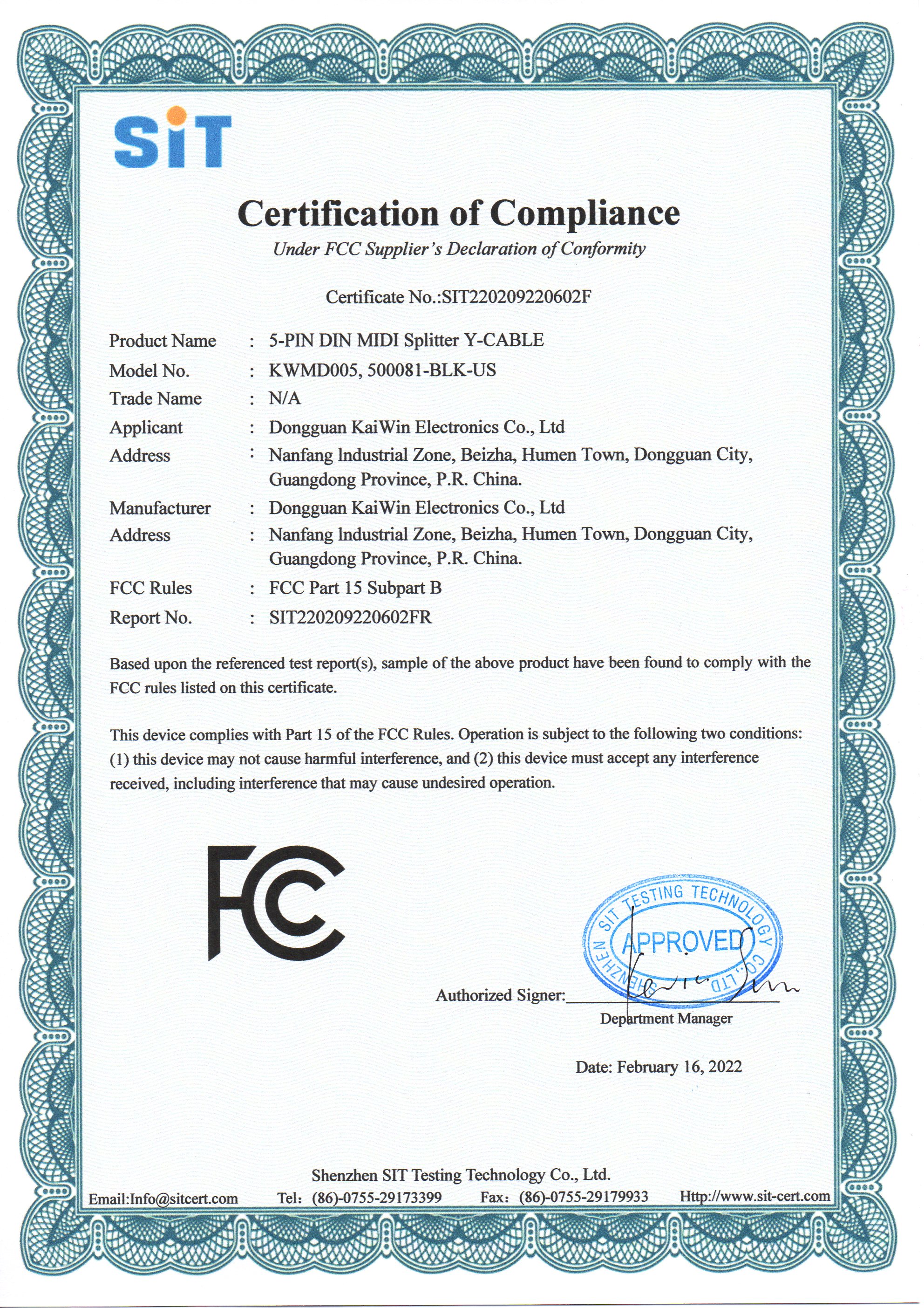 Dongguan Kaiwin Electronics Co. Ltdcertification