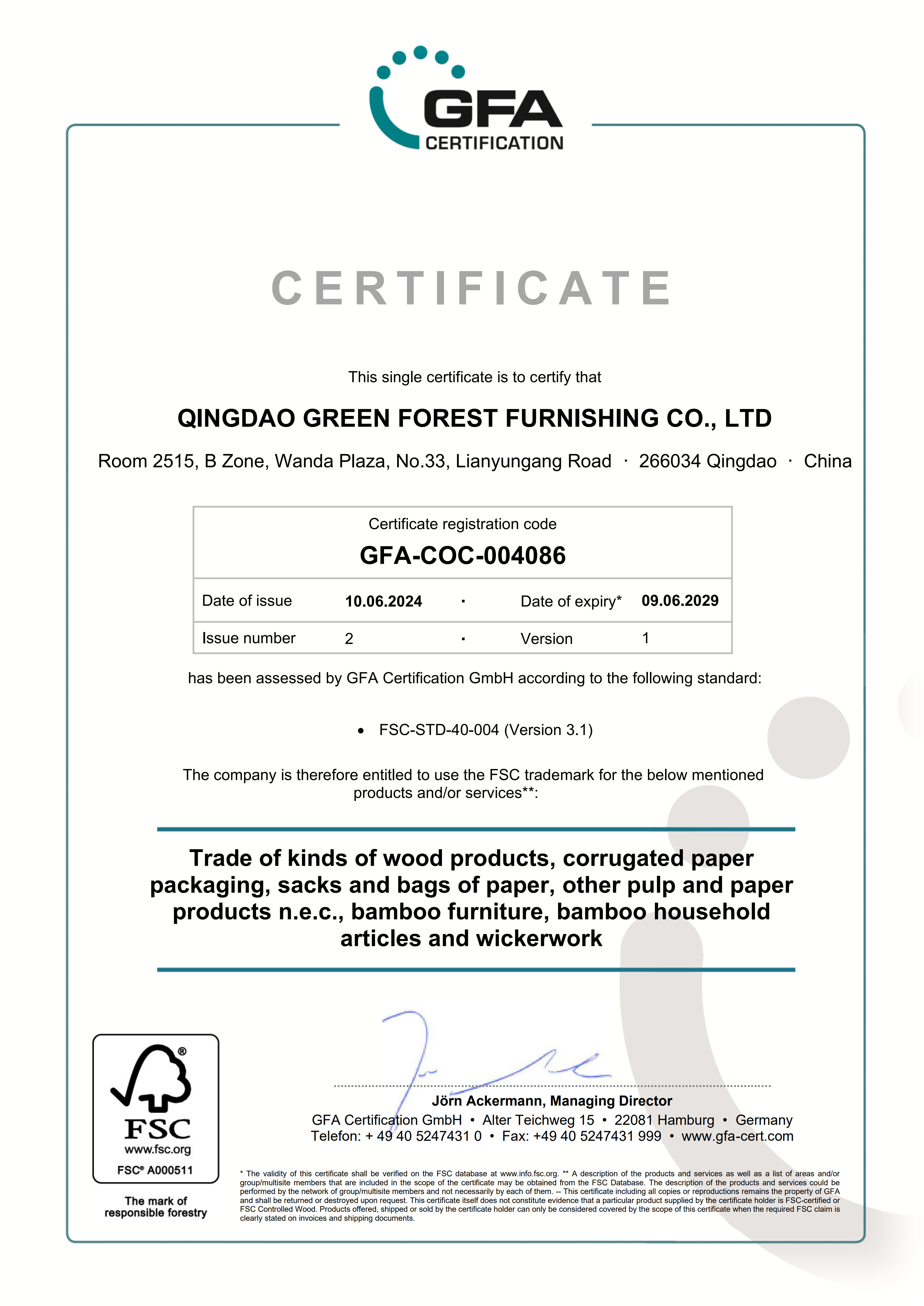 Qingdao Green Forest Furnishing Co. Ltdcertification