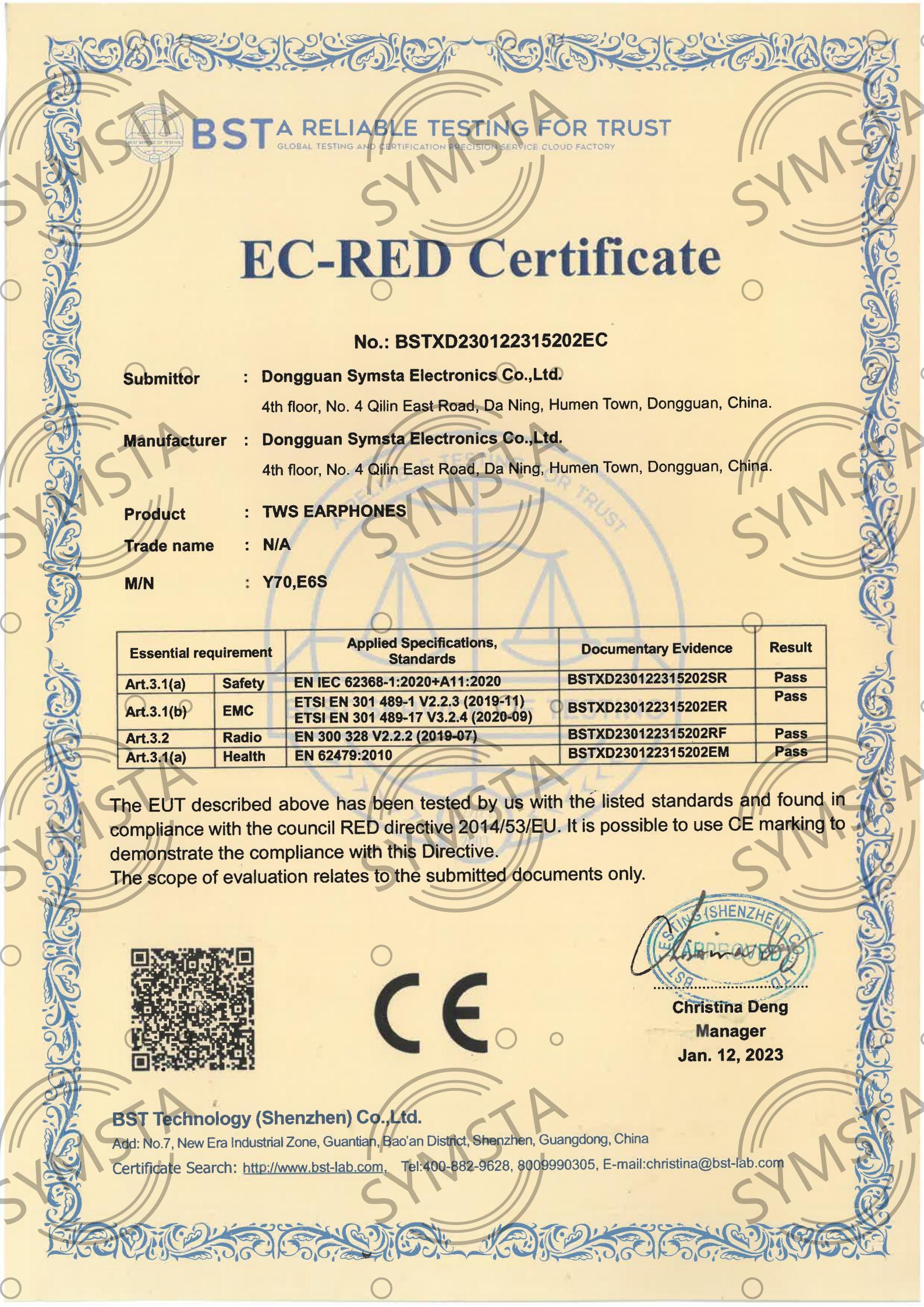 Dongguan Symsta Electronics Co.,Ltd.certification