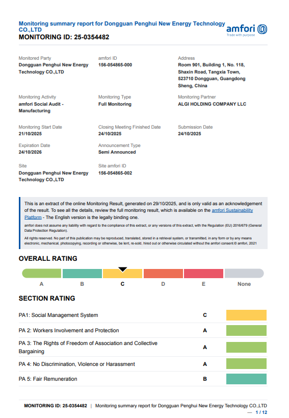 Dongguan Penghui New Energy Technology Co., Ltd.certification