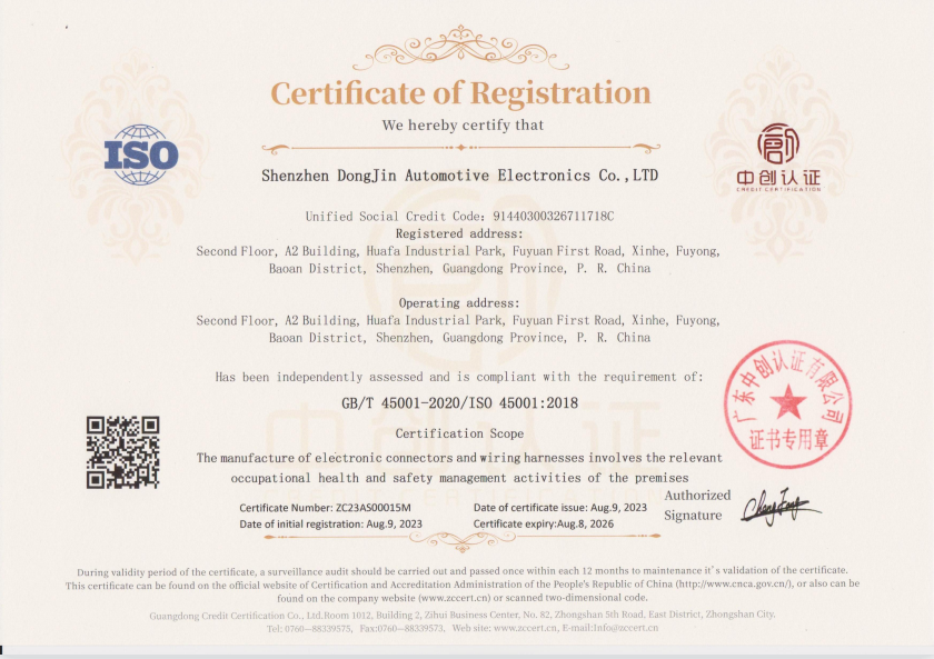Shenzhen Dongjin Automotive Electronics Co., Ltd.certification
