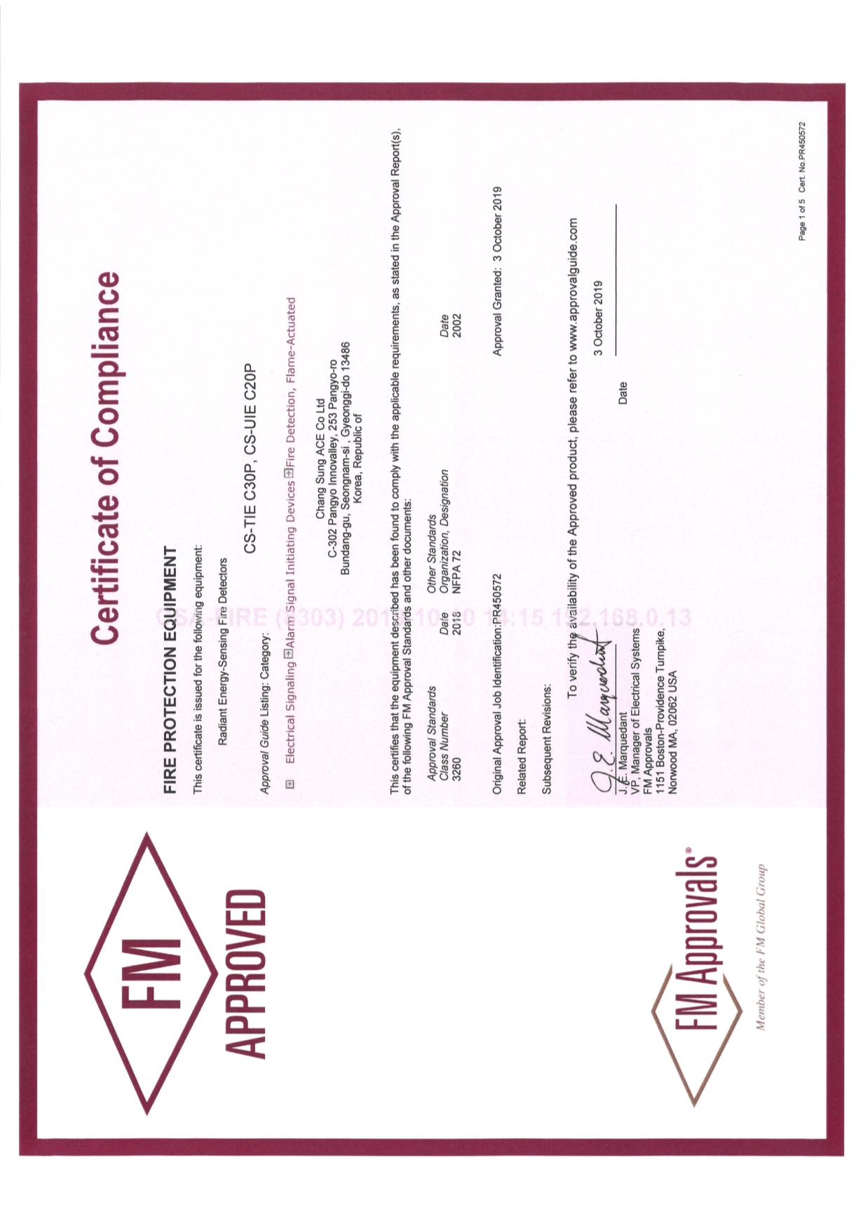 Chang sung Ace Co Ltdcertification