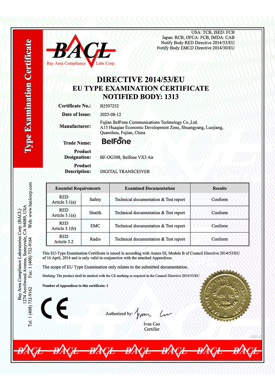 Fujian BelFone Communications Technology Co., Ltd.certification