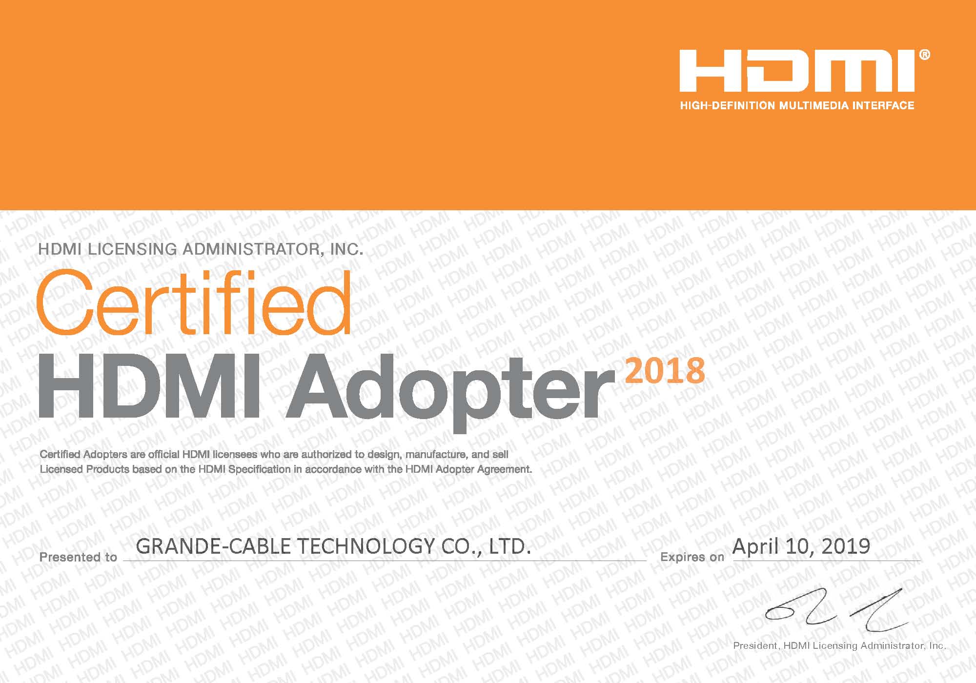 Grande-cable Technology Co.,Ltd certification