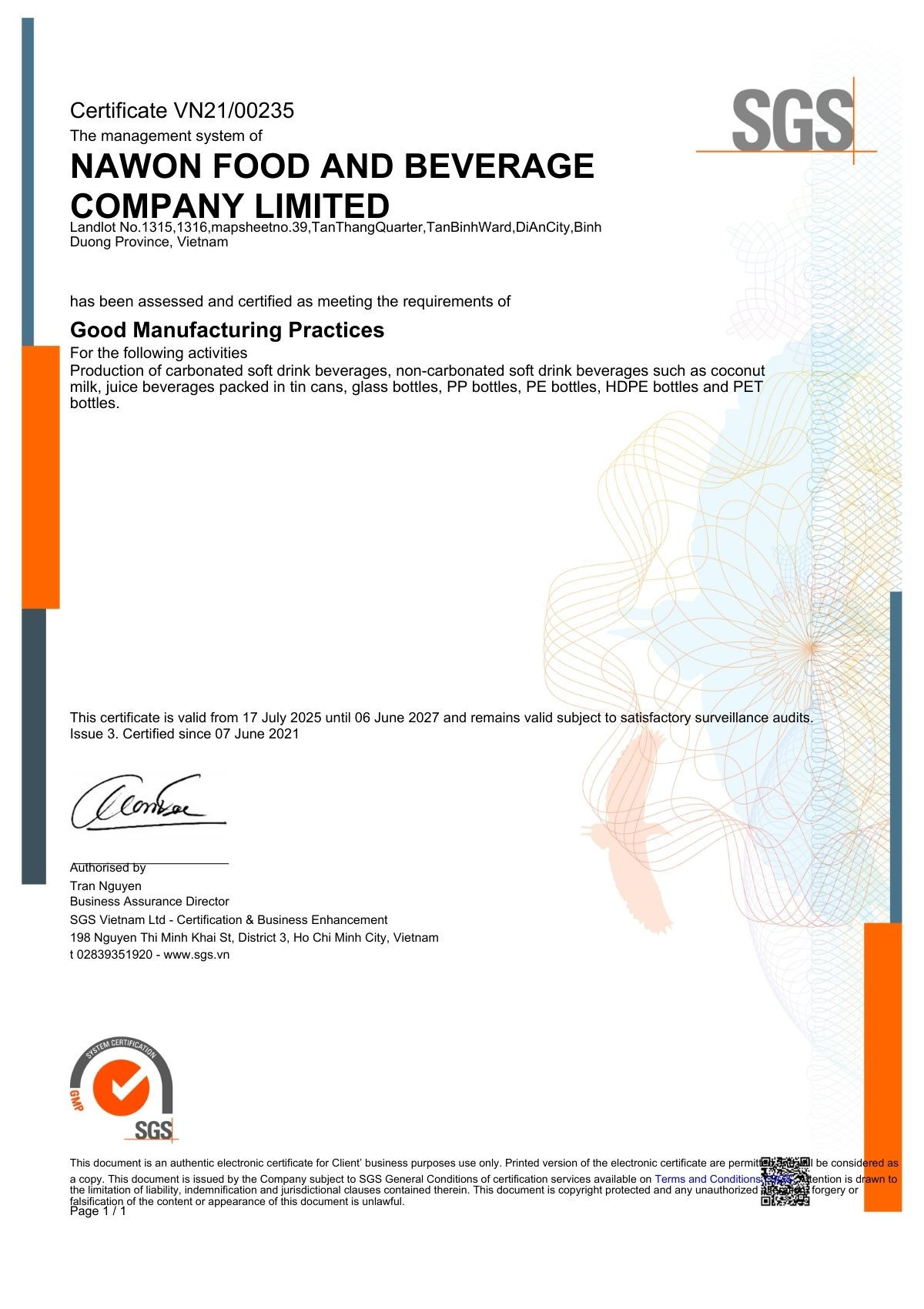Nawon Food and Beverage Company Limitedcertification