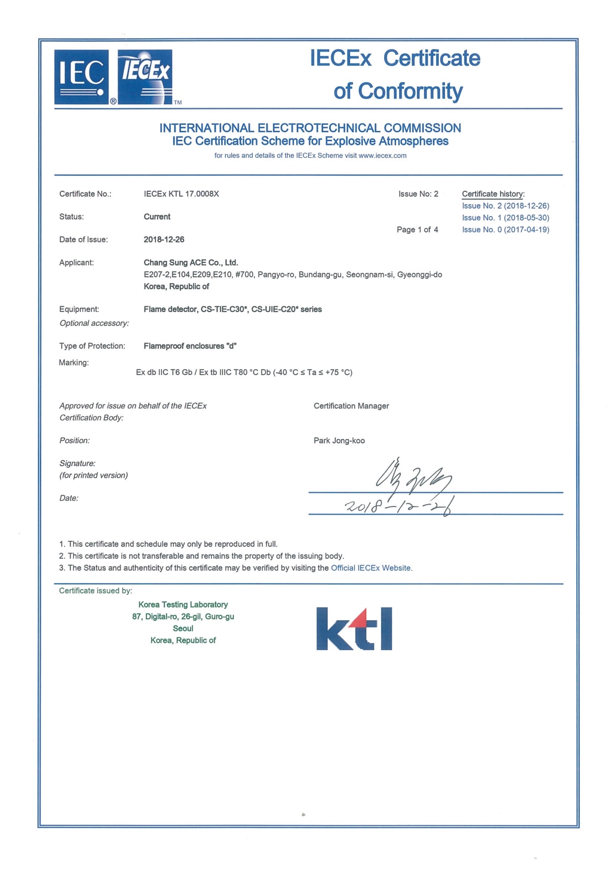 Chang sung Ace Co Ltdcertification