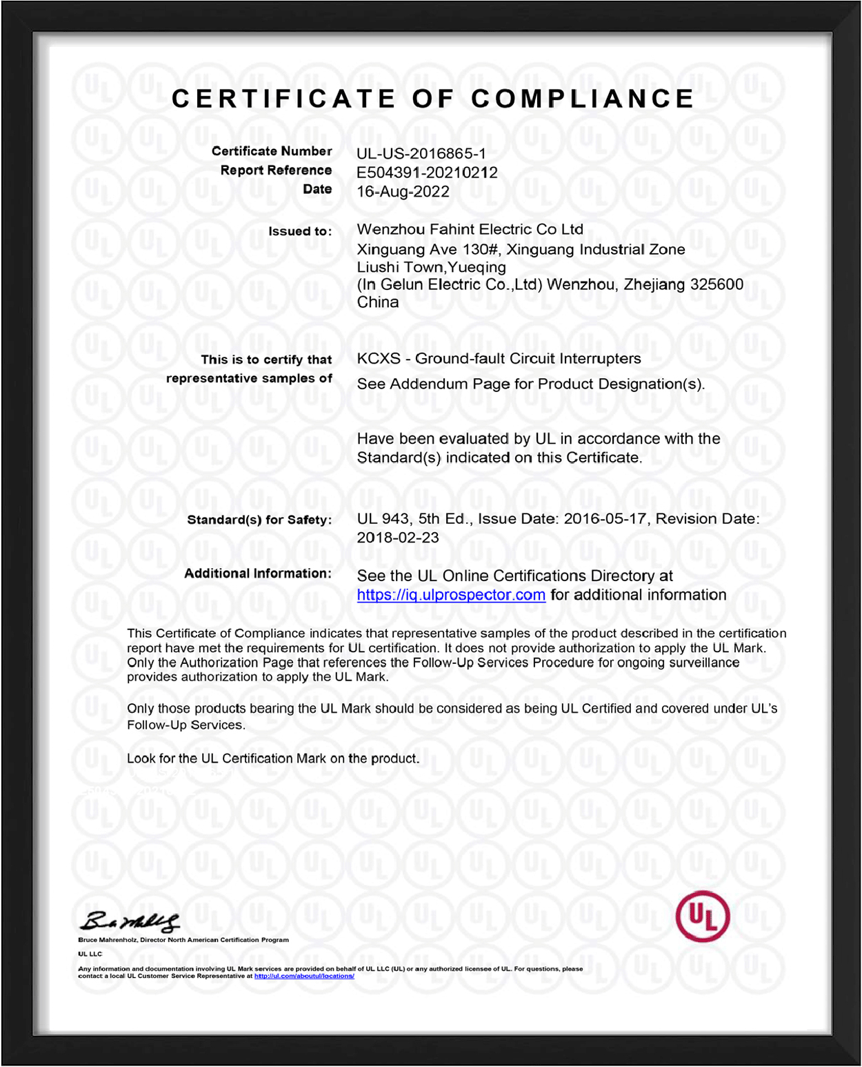 Wenzhou Fahint Electric Co.,Ltd.certification