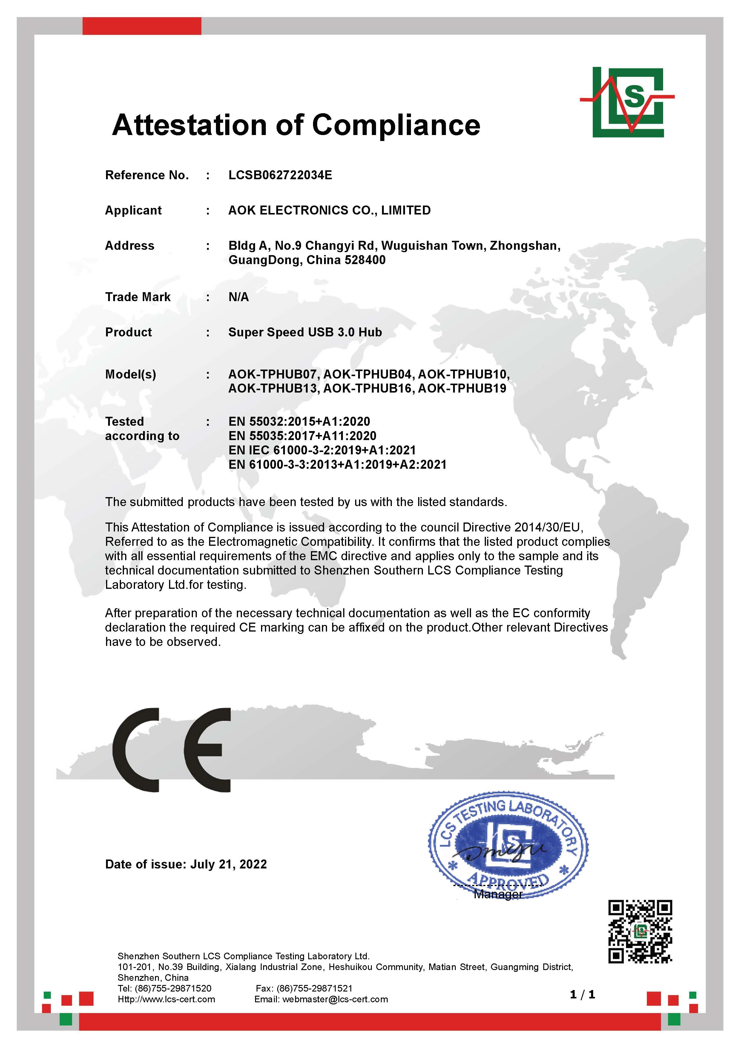 AOK ELECTRONICS CO.,LIMITEDcertification