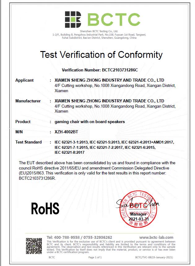 Xiamen Sheng Zhong Industry And Trade Co., Ltd.certification