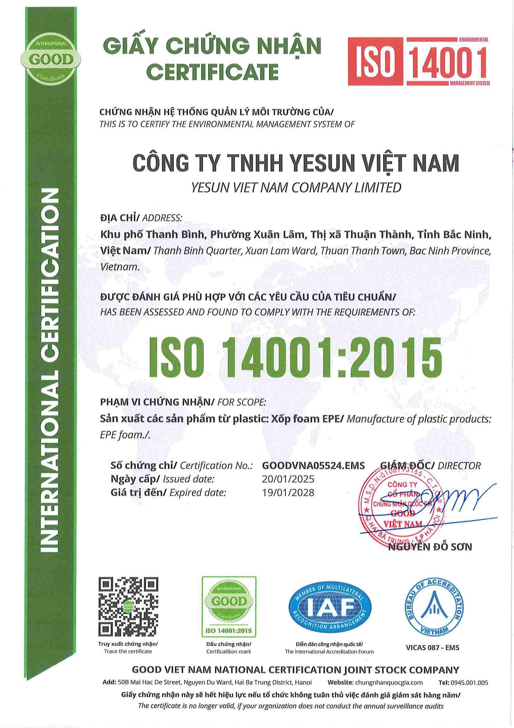 YESUN VIET NAM COMPANY LIMITEDcertification