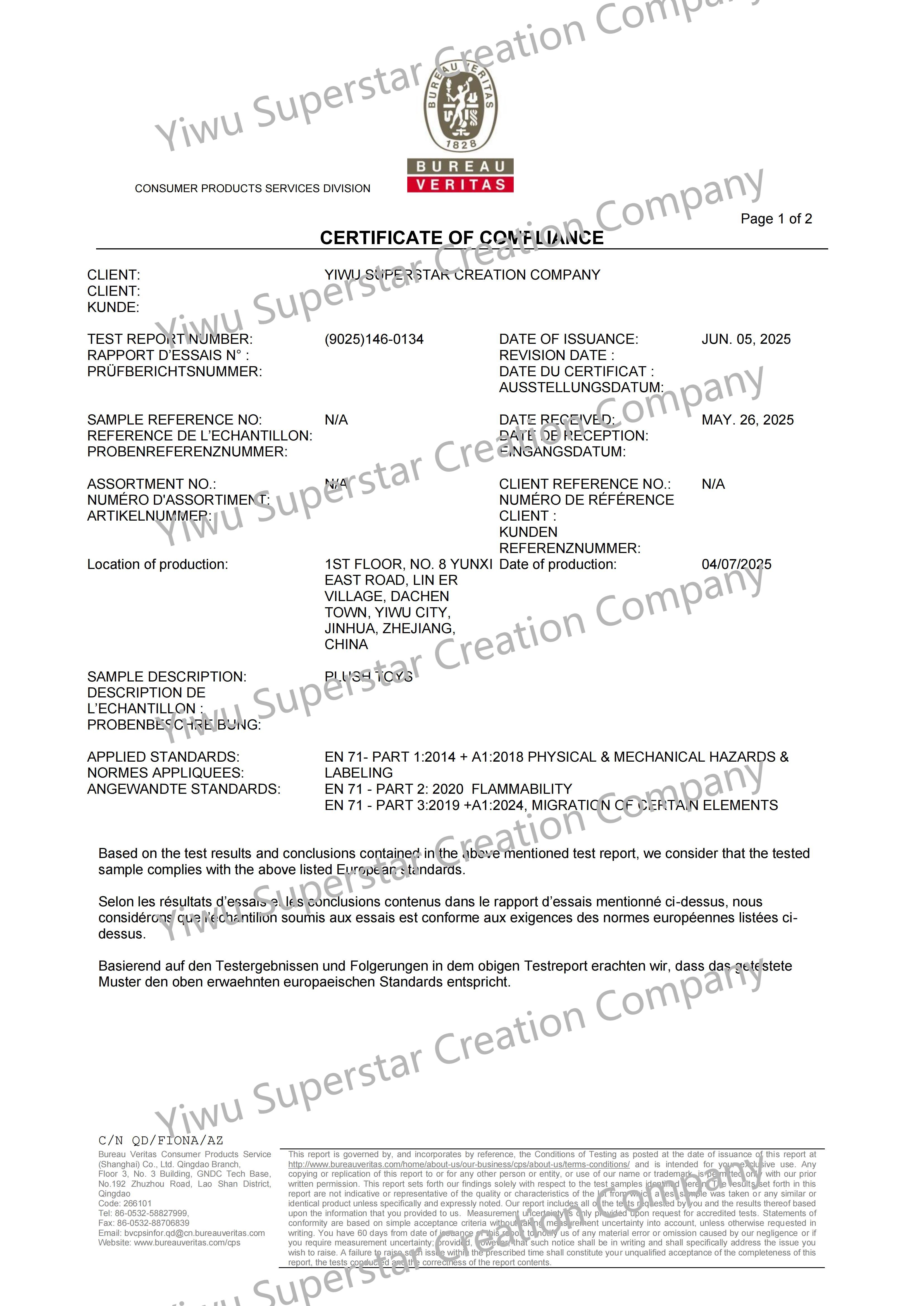 Yiwu Superstar Creation Companycertification