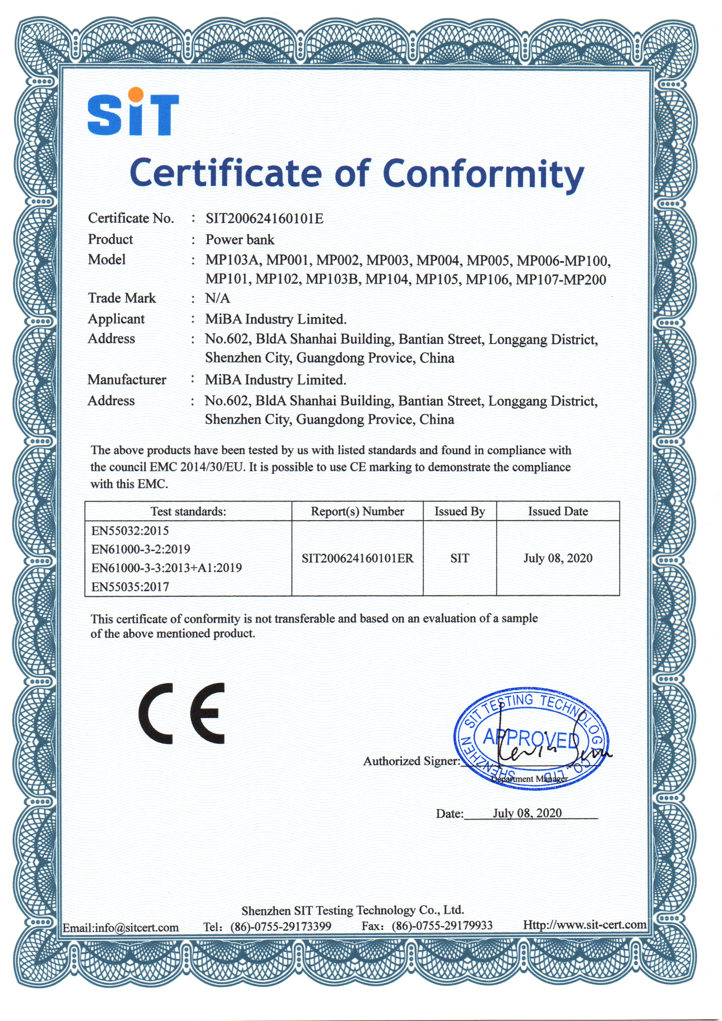 SHENZHEN MIBA INDUSTRIAL CO. LTDcertification