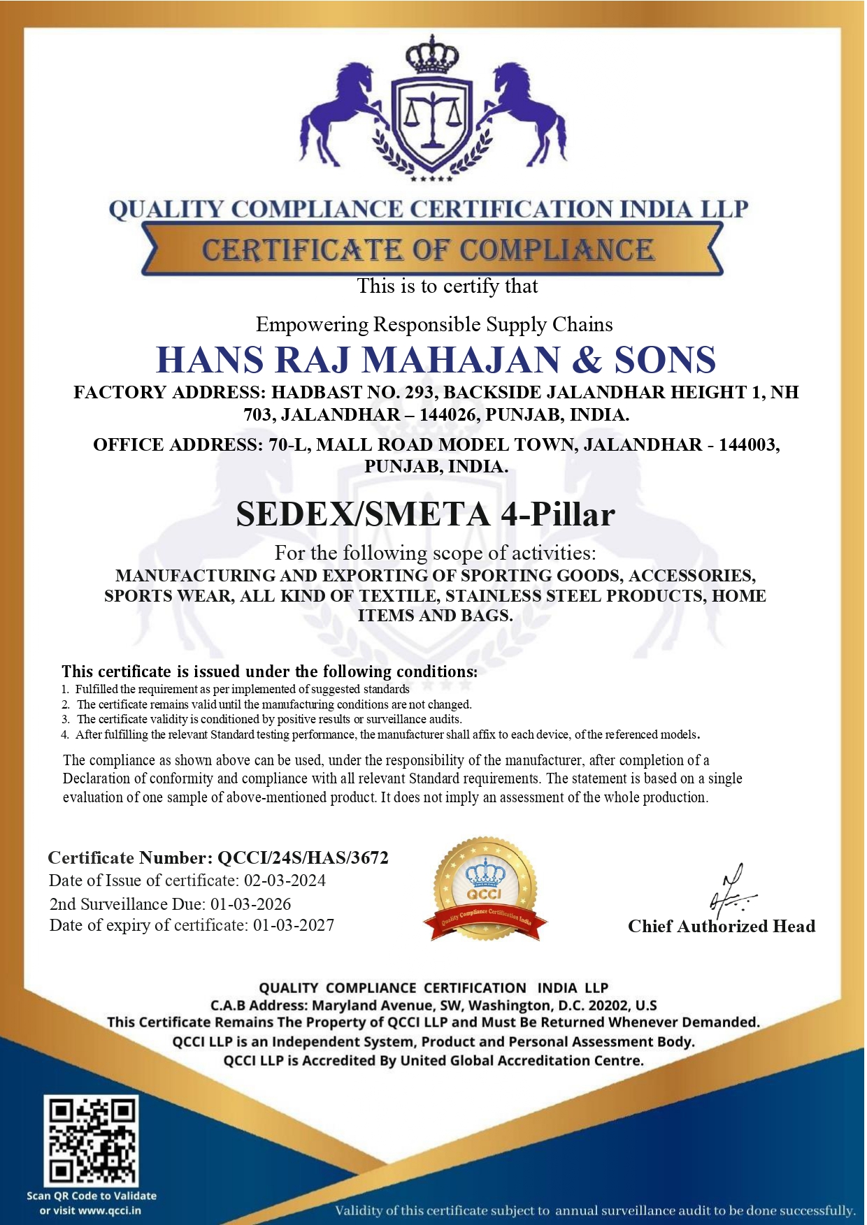 Hans Raj Mahajan & Sonscertification