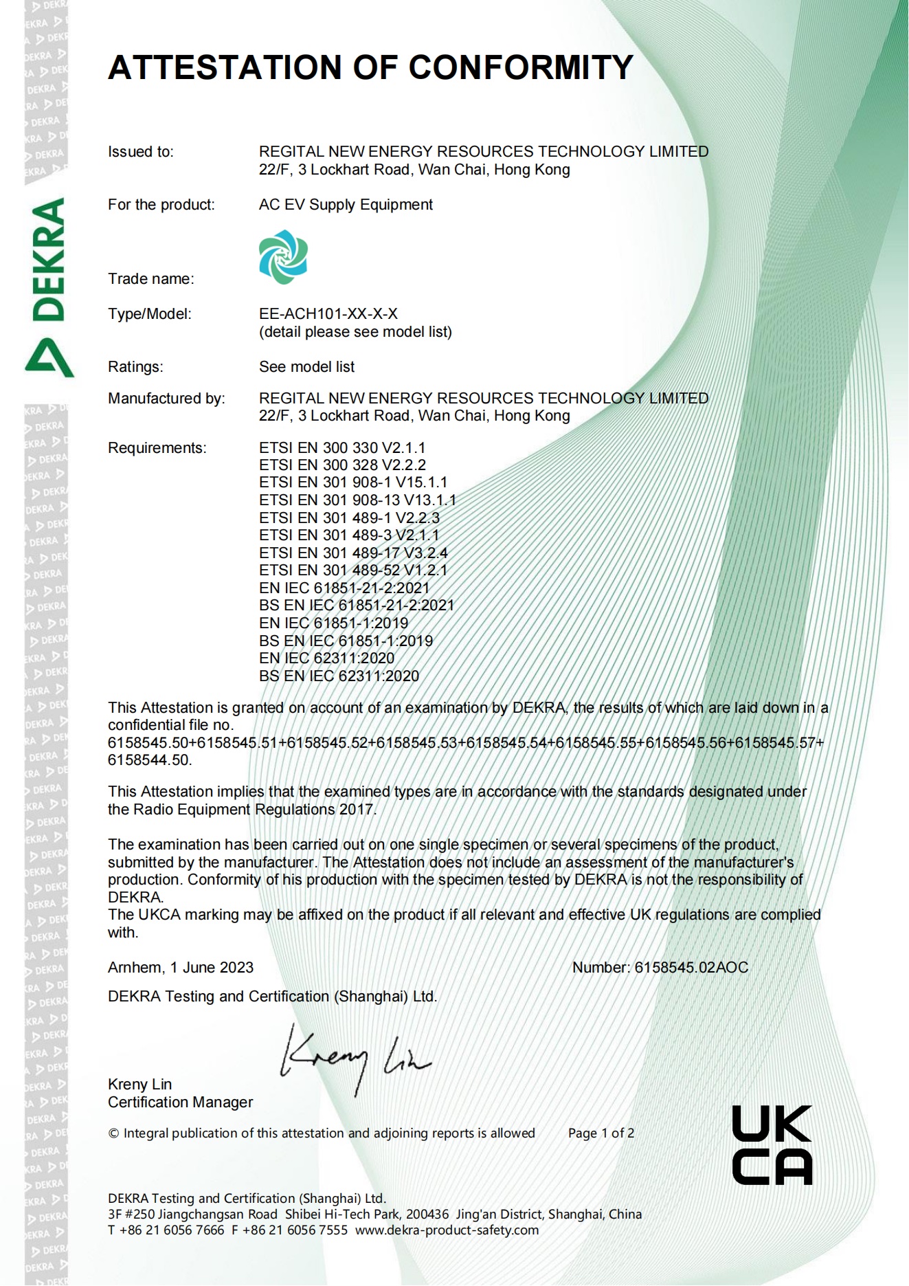 Regital New Energy Resources Technology Limitedcertification