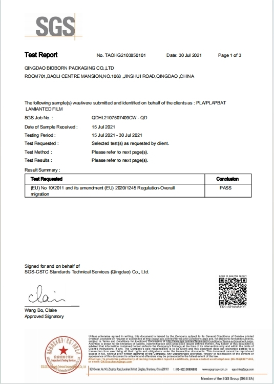Qingdao Bioborn Packaging Co., ltdcertification