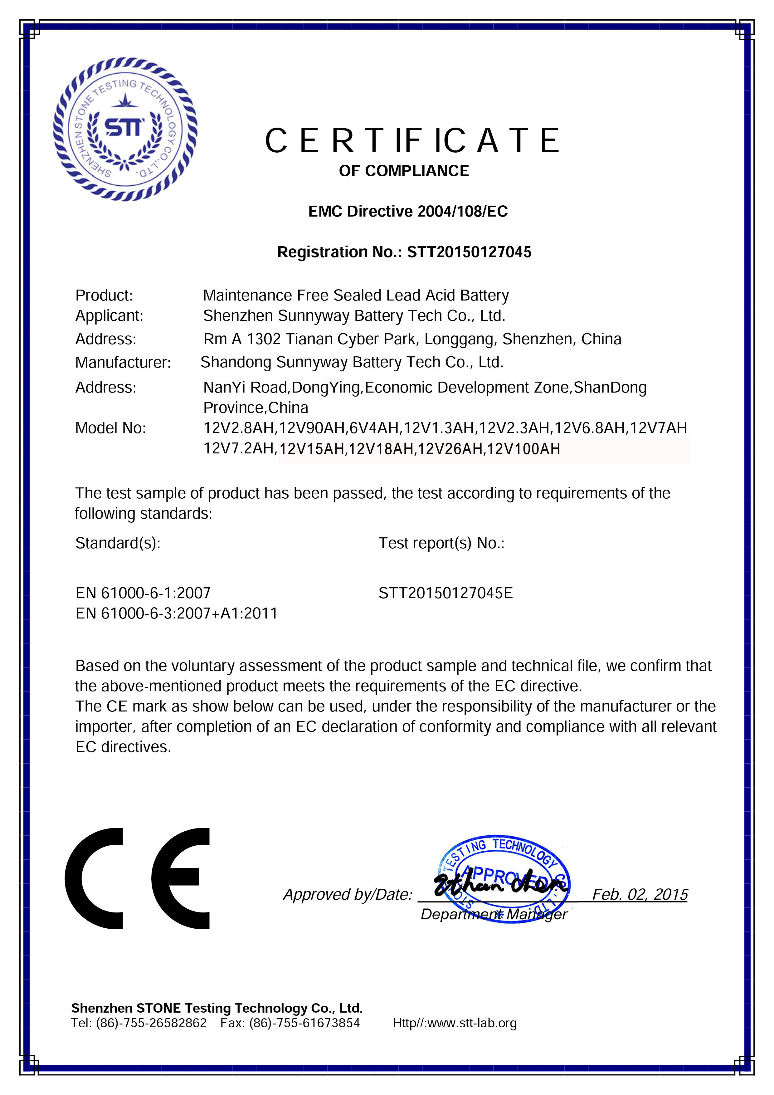 Shenzhen Sunnyway Battery Tech. Co. Ltdcertification