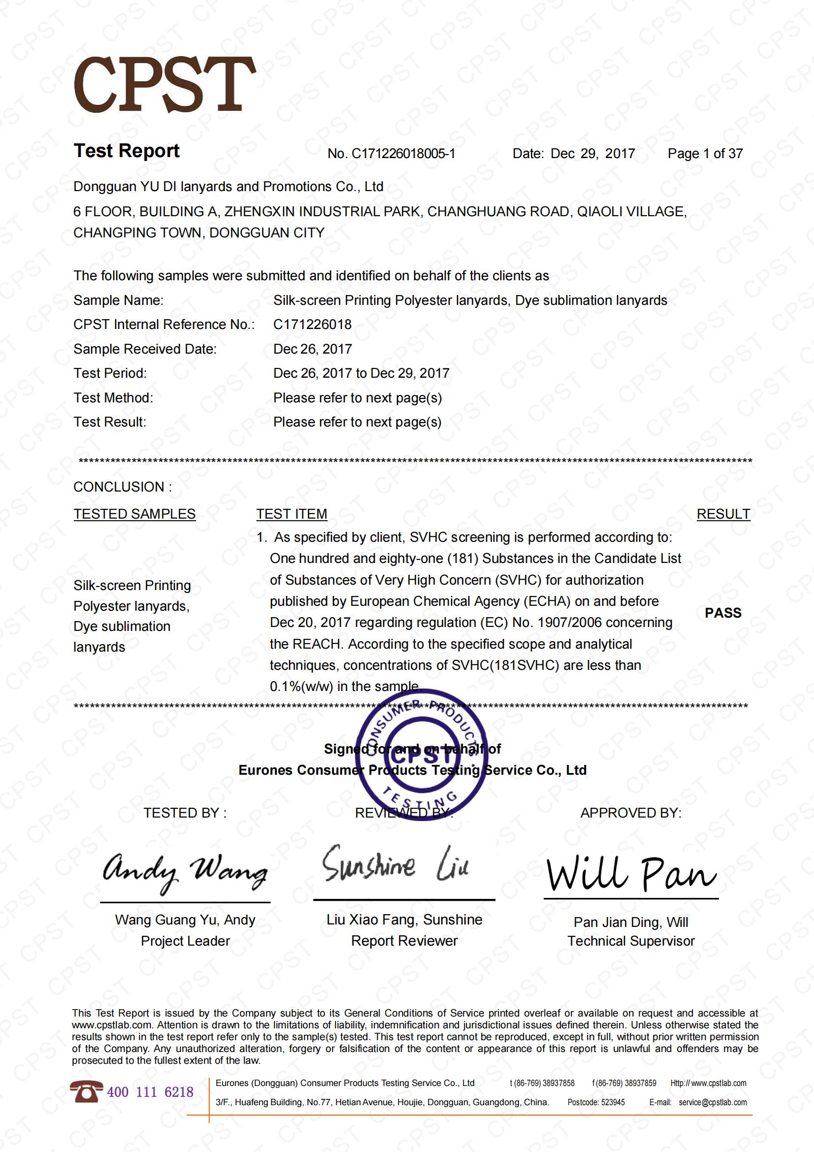 Dongguan Yu Di Lanyards and Promotions Co., Ltdcertification