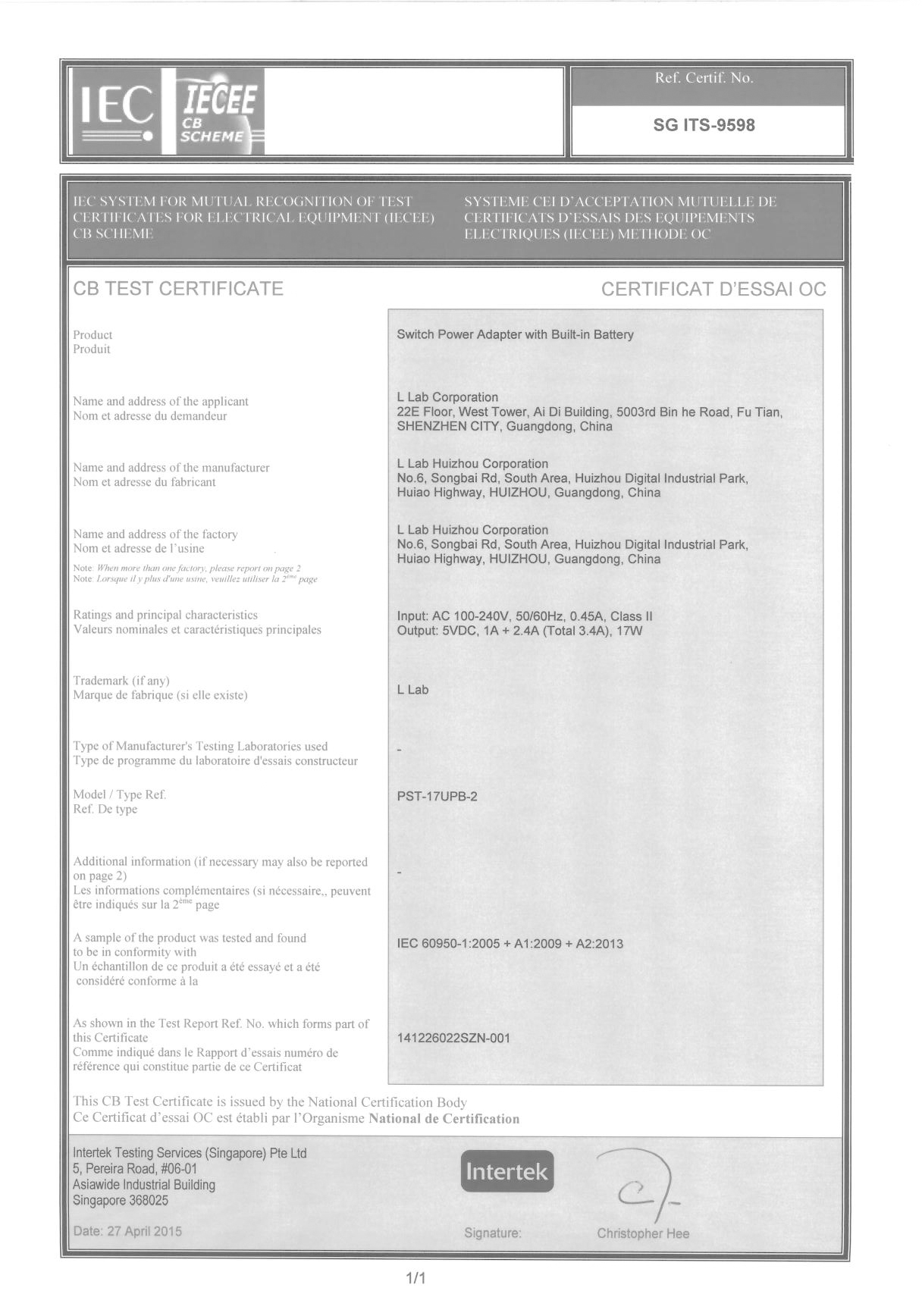L Lab Corporation Limitedcertification